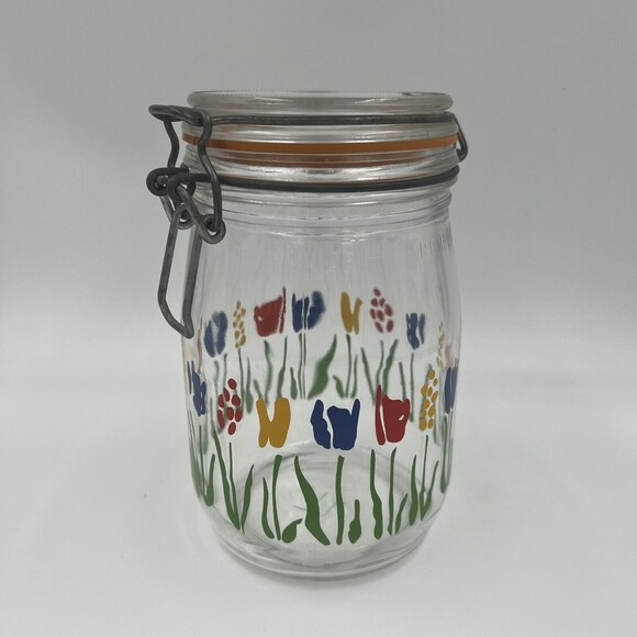 1 L Arc France Glass Canister Jar Tulip Floral Hinged Lid - Picture 4 of 9